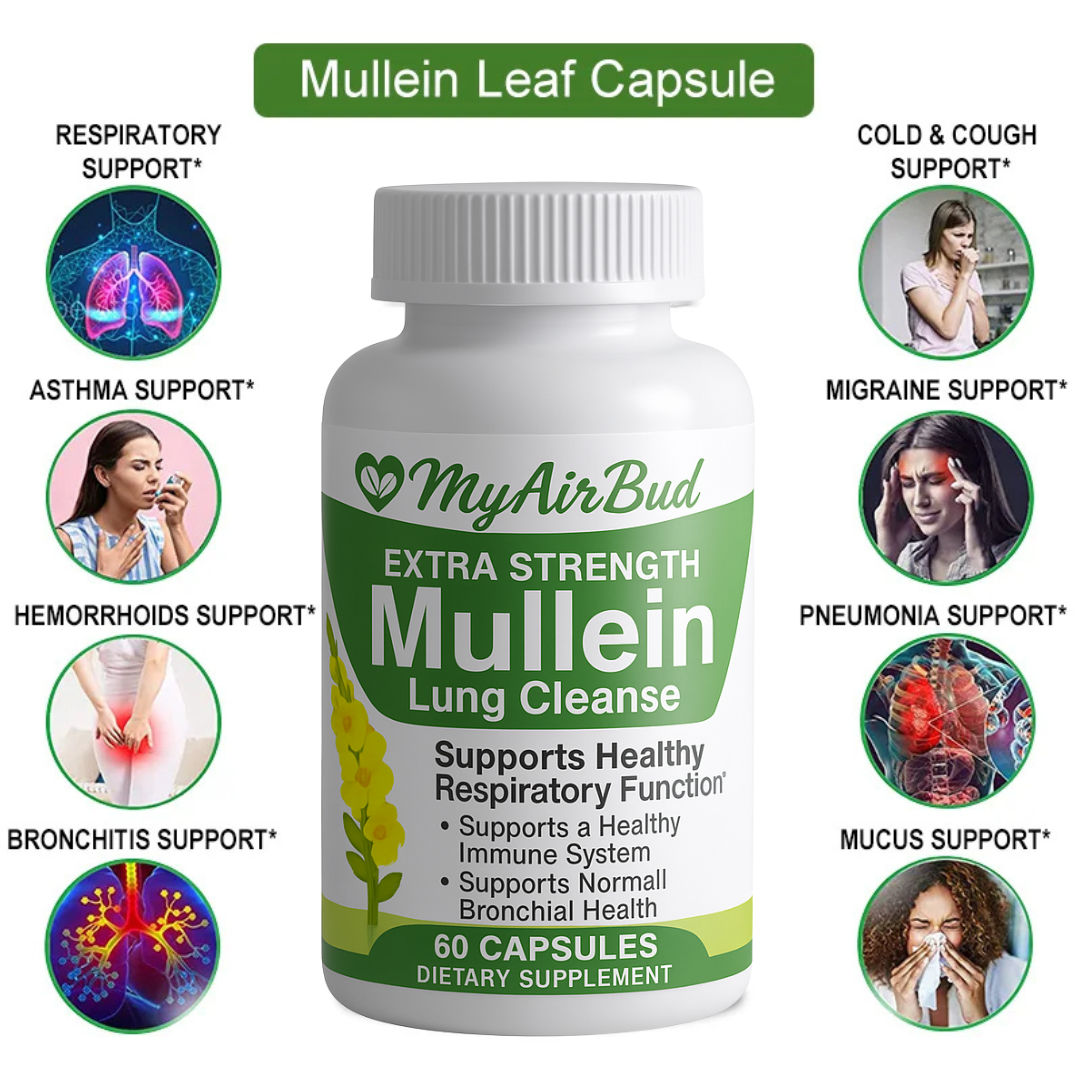 Natural Mullein Leaf Capsules Herbal Supplement for Lung Cleanse Helps Healthy Respiratory Function & Mucous Membranes