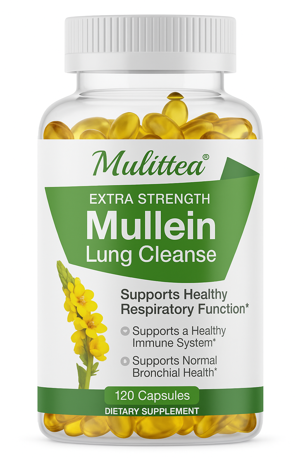 Mulittea Natural Mullein Leaf Capsules Herbal Supplement for Lung Cleanse Helps Healthy Respiratory Function & Mucous Membranes